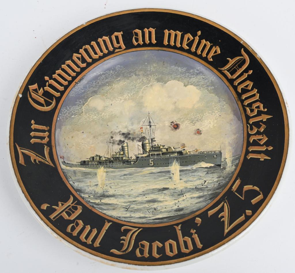 WWII NAZI GERMAN KRIEGSMARINE PAINTED PLATE WW2: Beautifully hand painted remembrances of service plate for service onboard the Paul Jacobi Z.5 measuring 8 inches wide and made from a Officer's Mess plate that is dated 1942 by the firm KPM. On