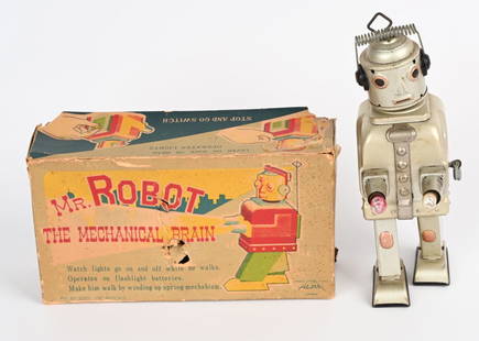 ALPS TIN WINDUP MR ROBOT MECHANICAL BRAIN w/ BOX: Alps tin windup Mr Robot with Mechanical Brain. All original and complete. Has some normal wear. Windup works. Comes with Box. 8" Excellent