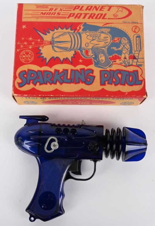 MARX REX MARS PLANET PATROL SPARKING PISTOL w/BOX: Marx windup Rex Marx Planet Patrol Sparkling Pistol. Never played with condition. Windup works. Comes with crisp box. Excellent