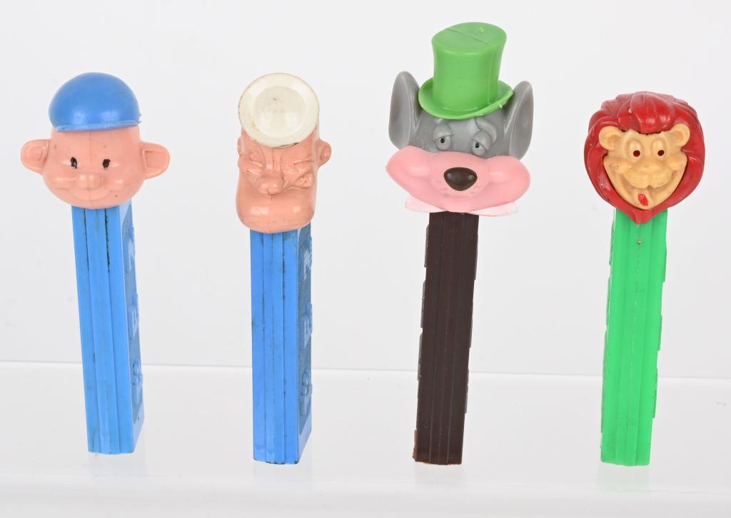 MOUSE, POPEYE, LION, & BOY PEZ DISPENSERES: Mouse with Hat, Popeye, Lion, and Boy Pez Dispensers. All with no feet. Excellent