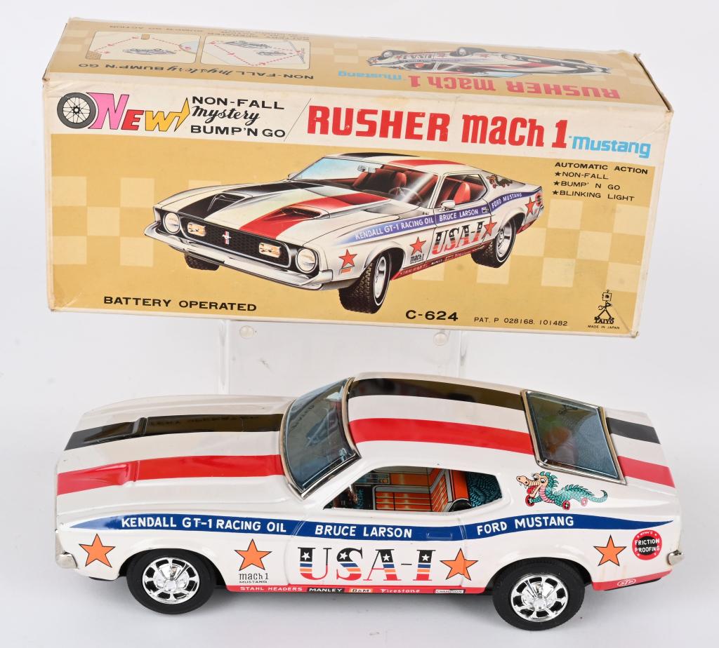 JAPAN BATTERY OP RUSHER MACH 1 RACE CAR w/ BOX: Japan battery operated Rusher Mach 1 Mustang "Bruce Larson" Race Car. Great colors and graphics. Worked when tested. Boxed