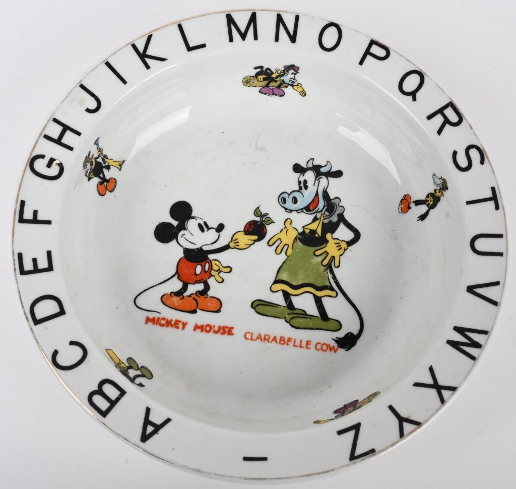 MICKEY MOUSE & CLARABELLE COW ALPHABET BOWL: Bavaria Mickey Mouse and Clarabelle Cow Alphabet Bowl. Great image. 8" Excellent