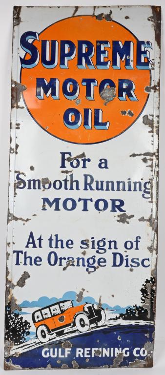 Supreme Motor OIl w/Orange Sedan Porcelain Sign (1 of 4)