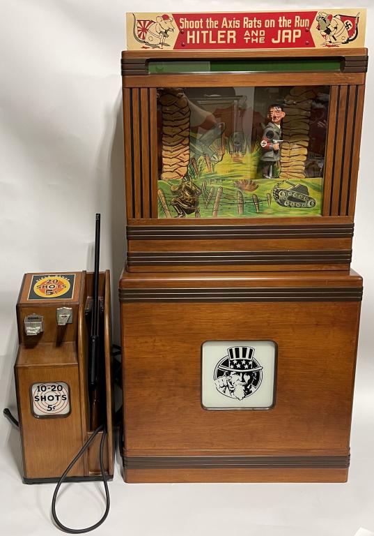 SEEBURG WWII SHOOT THE AXIS RAT RIFLE ARCADE GAME: Outstand Seeburg Multi-Rayolite Rifle Range "WWII Shoot The Axis Rats" Rifle Arcade Game. Game has a battle scene backdrop that features Soldiers, Tanks, Airplane, and more. The figure one way is Adol