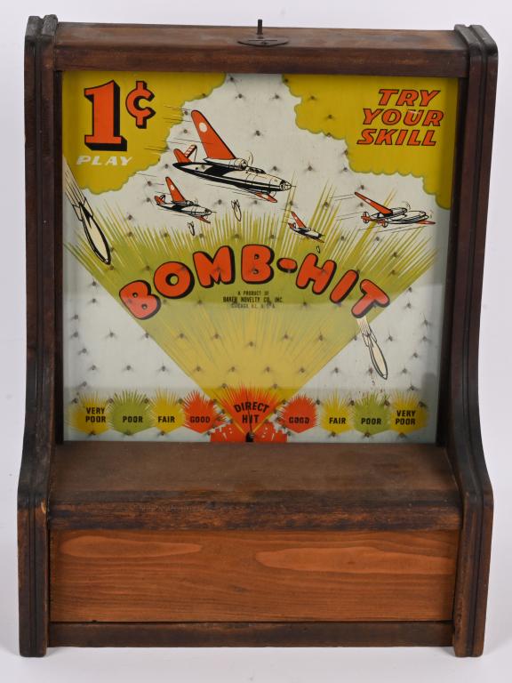 WWII BAKER NOVELTY 1c "BOMB HIT" DROP SKILL GAME: 1940s WWII Baker Novelty 1c "Bomb Hit" Drop Skill Game. Great image of WWII Fighter Planes dropping bombs. The play area is in great shape with nice colors. The case is all wood with penny drop slot o