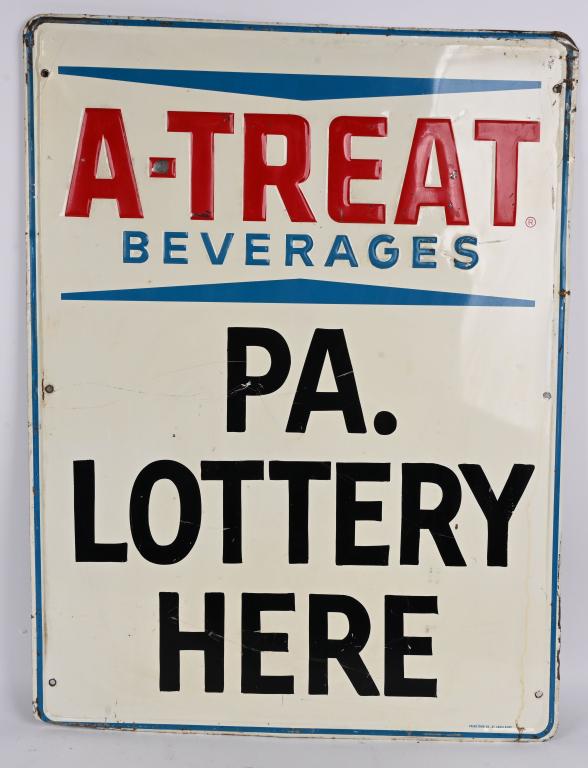 A-TREAT BEVERAGES EMBOSSED SST LOTTERY SIGN (1 of 2)