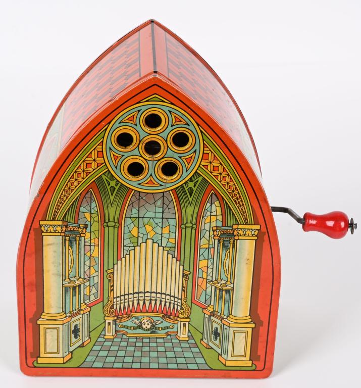 CHEIN TIN WINDUP CHATEDRAL ORGAN: All original with nice colors. Still plays music. 9 1/2" Excellent