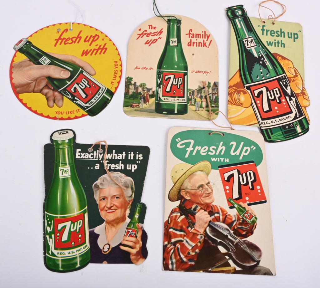 5- 7UP CARDBOARD ADVERTISING FAN PULLS (1 of 2)