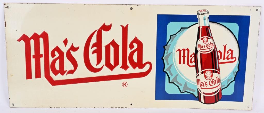 MA'S COLA EMBOSSED TIN SIGN: Ma's Cola embossed tin Sign. Great colors. 28"x12" Excelelnt
