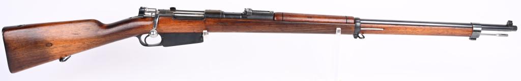 ANTIQUE ARGENTINE MODEL 1891 RIFLE CAL 7.65: SERIAL NUMBER N9080 BARREL 29 1/2" CALIBER 7.65 ARGENTINE MANUFACTURED LOEWE BERLIN. Produced by Mauser in Loewe Berlin for contract to Argentina. Blue finished steel with blade front sight and adjust