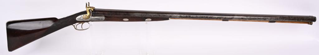 MASSIVE BELGIUM 6-BORE SXS SHOTGUN PRE-1892: NSN. BARRELS 41". GAUGE 6. Belgium pre 1892 proof marks. Features twist steel barrels, front loading with wood rod, double exposed hammers, English style straight grip walnut stock is checkered at wri