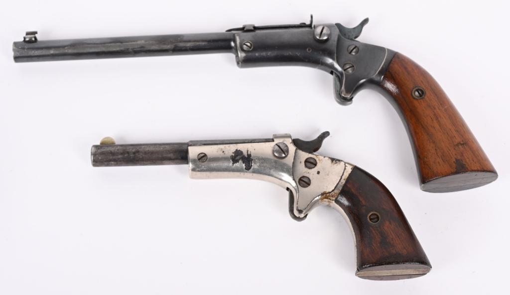 TWO STEVENS SINGLE SHOT PISTOLS: A. SERIAL 71706. BARREL 3.5". CALIBER .22 RIMFIRE. Features nickel frame, two piece walnut grips, half octagon barrel. Condition. Barrel is patina. Frame retains 70% nickel. Operates. B. SERIAL 47070.