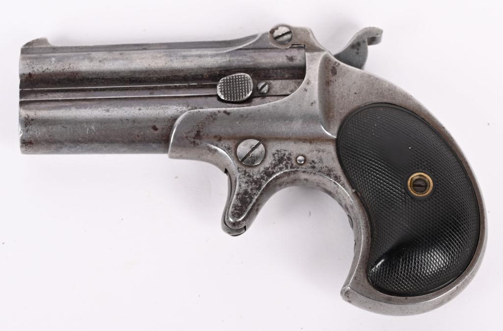 REMINGTON MODEL 95 OVER UNDER DERINGER: SERIAL 241. BARREL 3". CALIBER .41 RIMFIRE. This is a type II made from 1888-1911. Standard classic gamblers hide out over under in scarce blue finish with gutta percha grips, exposed hammer, spur tri