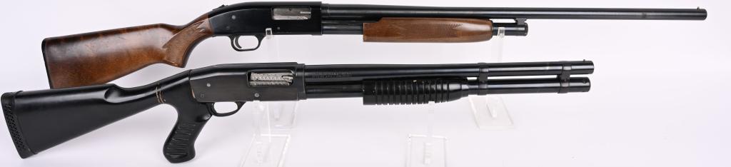 PAIR OF 12 GAUGE PUMP SHOTGUNS: A. MOSSBERG MODEL 600AT. SERIAL H838983. BARREL 28". GAUGE 12. CHAMBER 3". CHOKE MOD. Features checkered pistol grip hardwood stock, plain blued barrel, gloss black frame, take down. Blue is 95%. Blac
