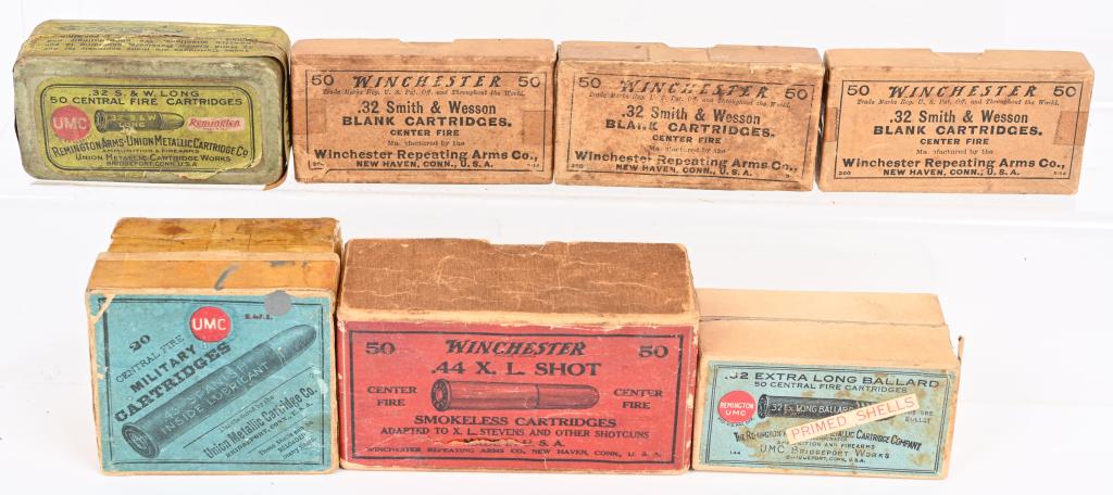 LOT (7) EARLY TWO PIECE BOXES AMMO: Includes partial box UMC .43 Spanish, partial Winchester .44 X.L.SHOT, 3 BOXES WINCHESTER .32 S&W Blanks, one of which is partial, others full, full box UMC .32 EXTRA LONG BALLARD, Full box UMC .32 S&