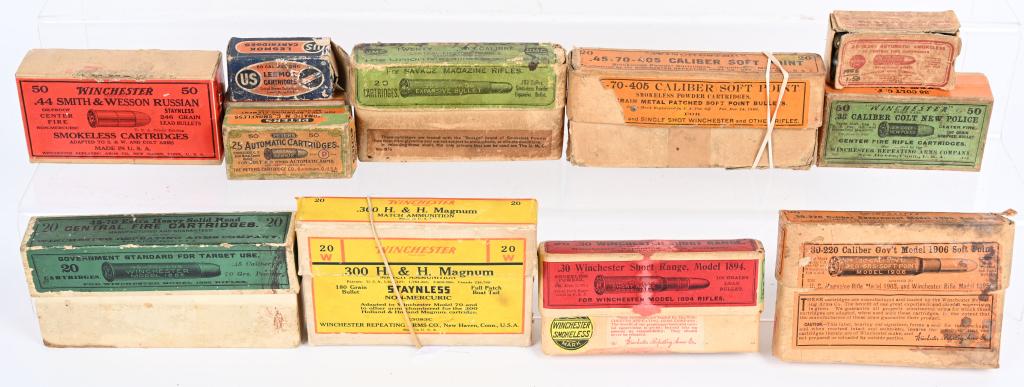 LOT (12) FULL ANTIQUE 2-PC AMMO BOXES: Most are full, couple missing a few rounds, two are still sealed. Includes sealed Winchester .44 Russian smokeless, sealed Winchester .38 caliber Colt New Police, Win. .30 short range for 1894 rifle, 
