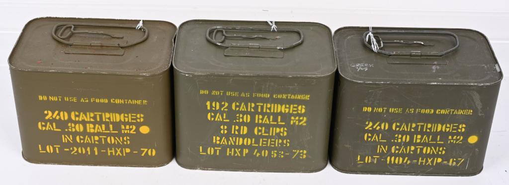 672 ROUNDS .30-06 M2 BALL M1 GARAND AMMO SEALED: M1 Garand ammunition, .30-06 M2 Ball. (1) 192 round Greek Spam can and 2) 240 round cans, total of 672 rounds on 8 round stripper clips, and bandoleers. Unopened Spam can. Excellent