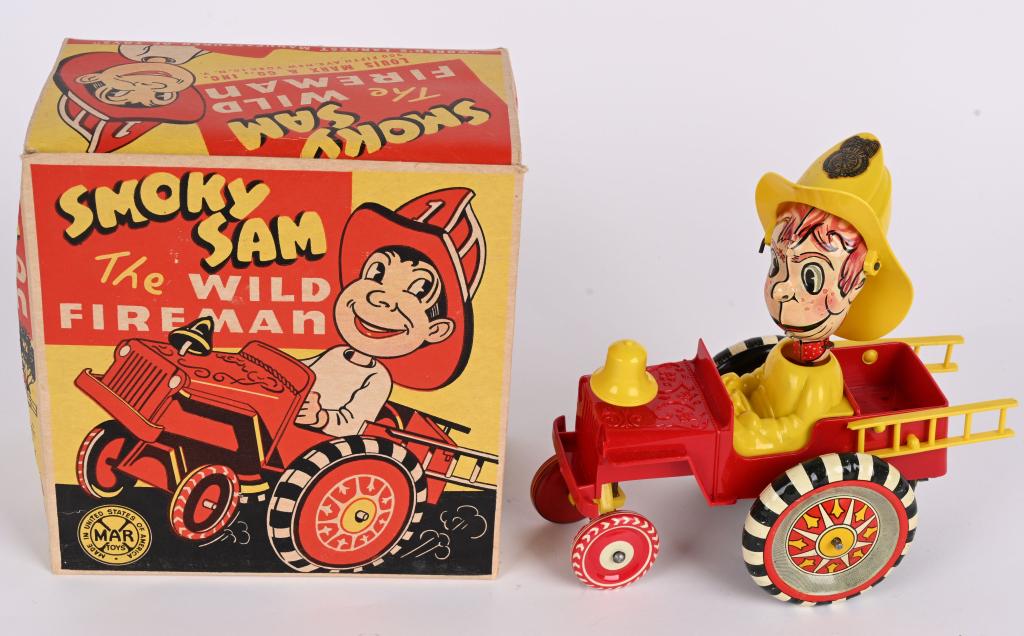 MARX WINDUP SMOKY SAM FIREMAN CRAZY CAR w/ BOX (1 of 8)