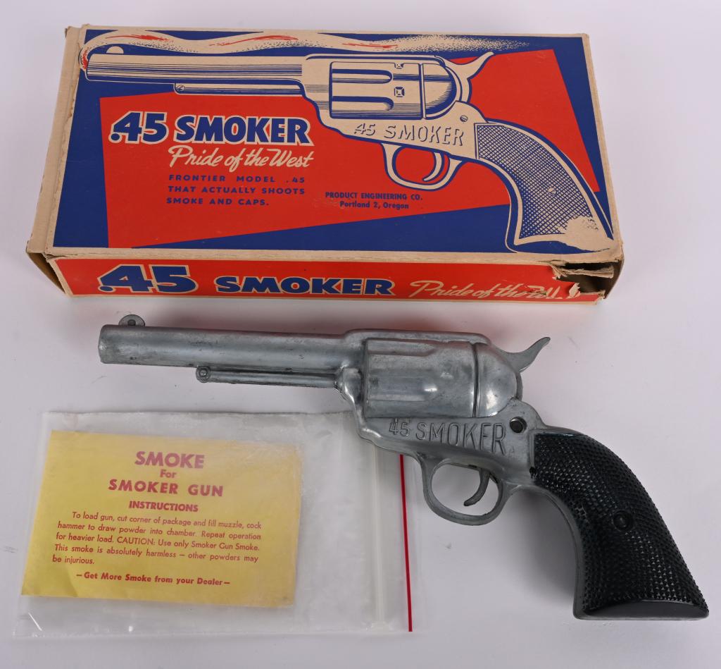 .45 SMOKER CAP GUN w/ BOX: All original and works. Boxed 10 1/2" Excellent