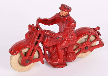 HUBLEY CAST IRON PATROL MOTORCYCLE "RED": Nice original Hubley Motorcycle. Very nice casting with Policeman Rider. No breaks or repairs. Red in color. 6 1/2" Excellent