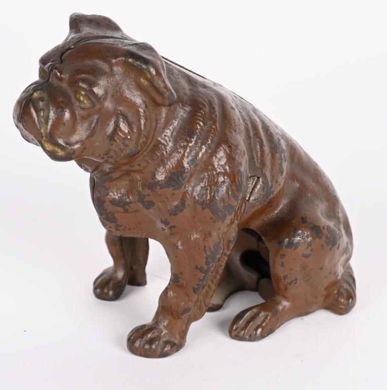 HUBLEY CAST IRON SEATED BULLDOG STILL BANK (1 of 5)