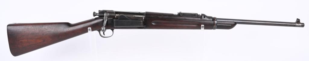 FINE KRAG MODEL 1899 CARBINE: SERIAL 284580. BARREL 22". CALIBER 30-40. Frame stamped Model 1899. Rear sight is marked C (carbine) Model 1901. handguard is high hump sight protector for longer 1901 sight that is graduated out to 2