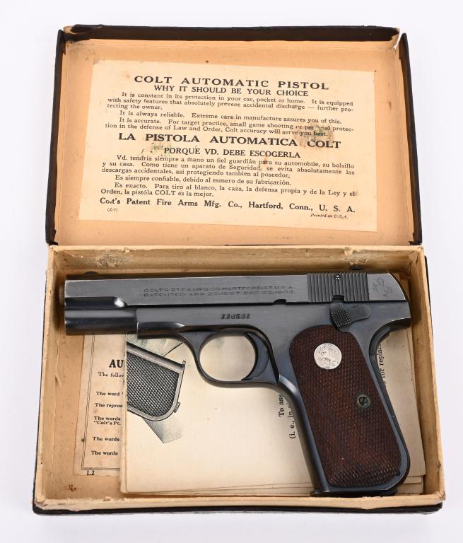BOXED COLT MODEL 1980 SEMI AUTO .380 PISTOL: SERIAL NUMBER 110531. BARREL 3 3/4". CALIBER .380 ACP. MADE IN 1932. Standard features include blue finish, fixed sights, silver medallion checkered walnut grips, original stamped two tone tampered ma