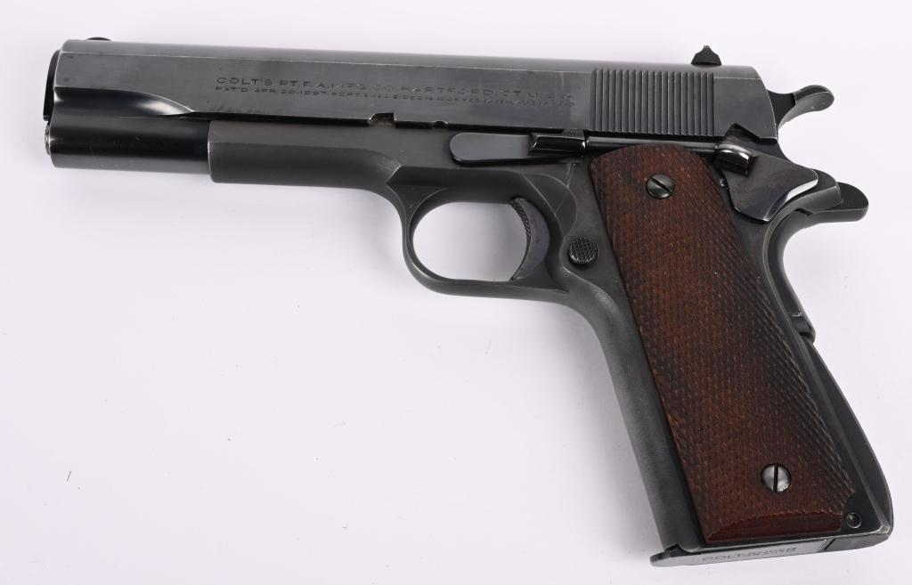 PRE / POST WAR COLT .38 SUPER MATCH 1911-A1: SERIAL NUMBER 48143. BARREL 5". CALIBER .38 SUPER. MADE IN 1947. The mismatched number 19952 slide is a pre war stamped, ca. 1936 Super Match Super 38 . The frame number lists as a .38 Super from 1947