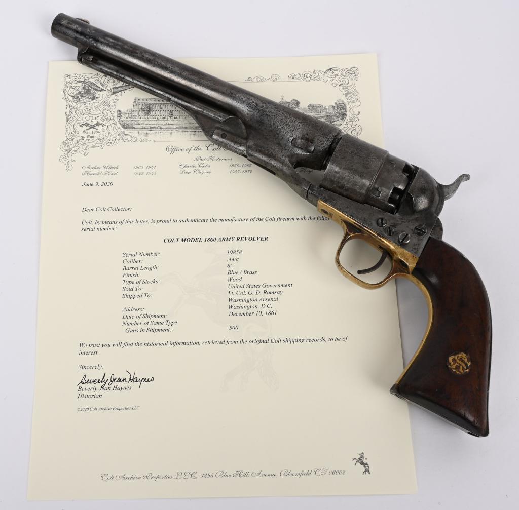 COLT US MODEL 1860 ARMY W / COLT LETTER: SERIAL 19858. BARREL 8". CALIBER .44. Factory letter states this gun was shipped in an order of 500 guns on December 10, 1861 to Lt. Col. G.D. Ramsey Washington DC Arsenal. War was declared on April 1