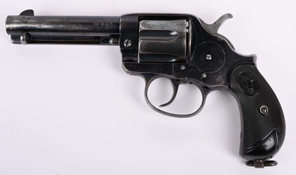 SCARCE COLT 1878 DOUBLE ACTION .32 REVOLVER: SERIAL 49191. BARREL 4 3/4". CALIBER .32-20. MADE IN 1902. One of the rarer calibers in the Model 1878. According to Wikerson's book, they only produced in this configuration. Features factory blue fi