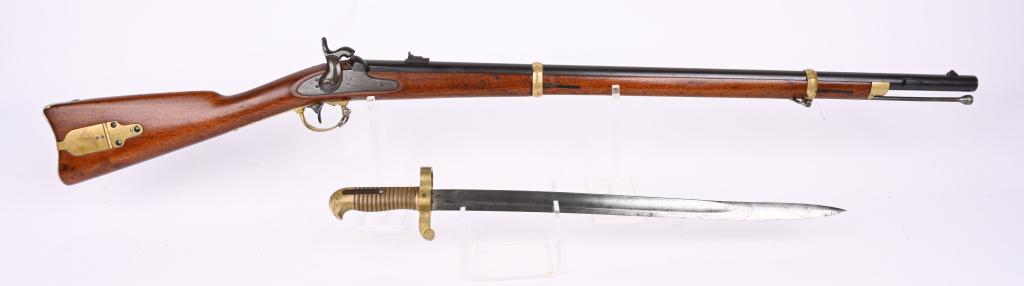 SUPERB REMINGTON MODEL 1863 CONTRACT RIFLE: BARREL 33". CALIBER .58. MADE 1862-1865 AKA ZOUAVE RIFLE. Dated 1863 on lock. Has right side bayonet lug and comes with B. H. inspected , brass handle, bayonet. Barrel is dated 1863 along with VP Eagl