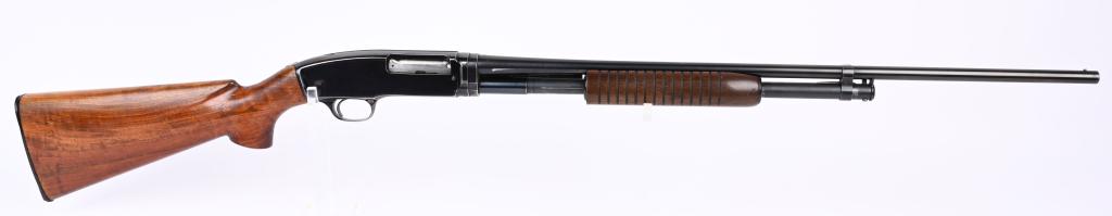 PRE WAR WINCHESTER MODEL 42 SLIDE ACTION SHOTGUN: SERIAL NUMBER 14586. BARREL 26". GAUGE .410. CHAMBER 3". CHOKE MOD. LOP 14.5" MADE IN 1935. Early 3rd year production. Standard features include blue finish, take down, plain pistol grip walnut stock 
