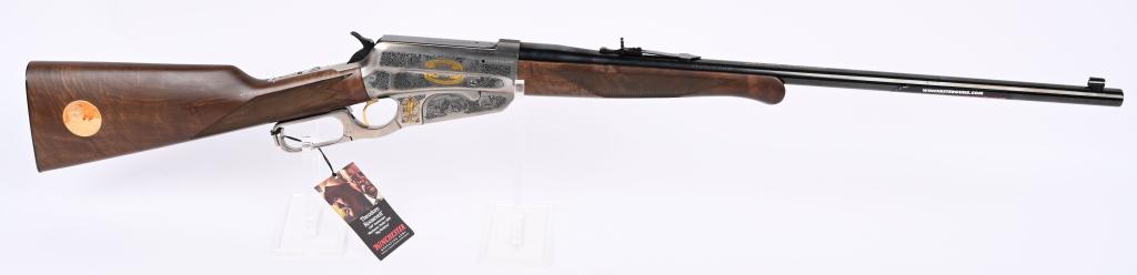 BOXED HIGH GRADE WINCHESTER T.R. .405 RIFLE: SERIAL NUMBER TR150H0156. BARREL 24". CALIBER .405 WCF. MADE IN 2008. Celebrates 150 years of Teddy Roosevelt , the Father of Conservation. Satin nickel frame with scroll engraving and gold filled vig