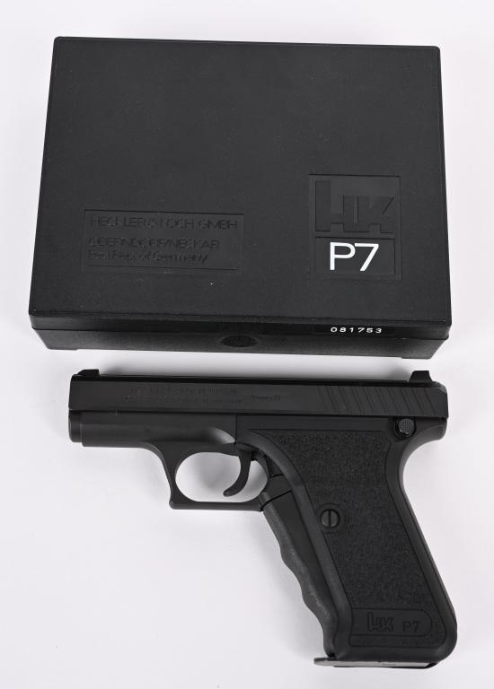 SQUEEZE COCK H&K MODEL P7 SEMI AUTO PISTOL: SERIAL NUMBER 15-81753. BARREL 4". CALIBER 9MM. Last made in 2008. Features squeeze cocking system, Steel frame, stippled cocking assembly, 8-shot magazine (2) white 3 dot combat sights. Comes with or
