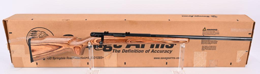 BOXED SAVAGE MODEL 40 BOLT ACTION .22 HORNET RIFLE: SERIAL 6578287. BARREL 24" CALIBER .22 HORNET. Features laminate stock with Monte Carlo comb, pistol grip, solid black pad, sling eyes . Barrel made without sights but has scope bases. Comes in origin