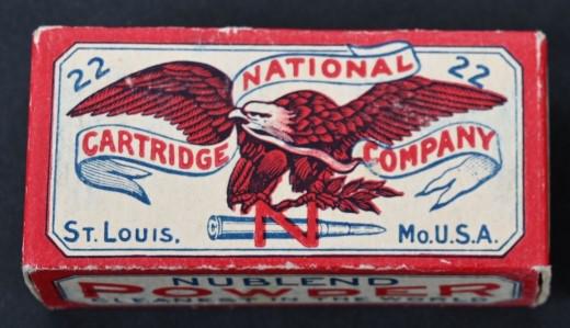 NATIONAL .22 RIMFIRE SHORT 1 PIECE FULL AMMO BOX: National Cartridge Co. Nublend Powder from St. Louis. This box was only offered 1908-1909 when they were bought out by Western in 1909. The box is full and near mint with light edge wear, complete tab