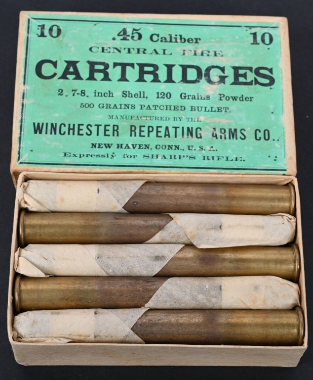 WINCHESTER .45 CENTRAL FIRE CART. FULL AMMO BOX: This is a 10 round box, 2 piece box, .45 caliber, 2 7/8", 120 grains, paper patched, original tissue wrap, near mint box and excellent green label with few minor scuffs. Expressly for Sharps Rifle.