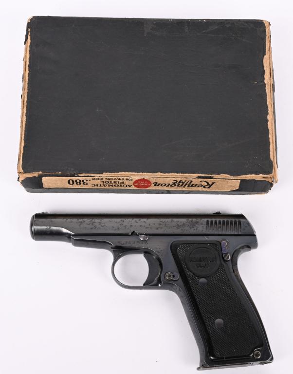 BOXED REMINGTON MODEL 51 SEMI AUTO PISTOL: SERIAL NUMBER PA4946. BARREL 3 1/4". CALIBER .380 ACP. "The Remington Model 51 is a small pocket pistol designed by John Pedersen and manufactured by Remington Arms in the early 20th century for the A