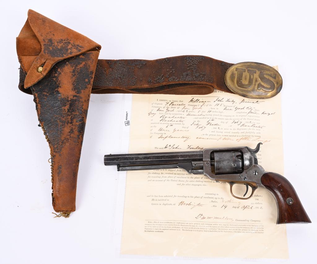 WHITNEY POCKET MODEL PERCUSSION REVOLVER W/HOLSTER: SERIAL NUMBER NSN. BARREL 6". CALIBER .31 MADE 1850-60'S Second model, second type with N. Haven barrel stamp. This gun came with paperwork from the family in the form of a discharge for John Finley W