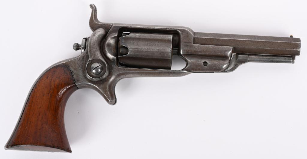 COLT MODEL 1855 SIDEHAMMER ROOT REVOLVER: SERIAL NUMBER 27321 BARREL 3-1/2" CALIBER .28 BLACK POWDER MANUFACTURED 1861. Developed by Colts lead engineer and future president Elisha Root. The Model 1855 Root revolver with octagon barrel , blue