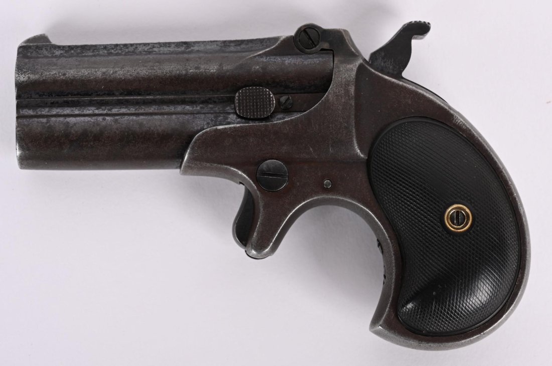 ANTIQUE REMINGTON OVER UNDER .41 DERRINGER: SERIAL NUMBER 17 BARREL 3" CALIBER .41 RIM FIRE MANUFACTURED CIRCA 1890. Blue finished , spur trigger single action over under Deringer with alternating firing pin. Checkered hard rubber grips. Serial