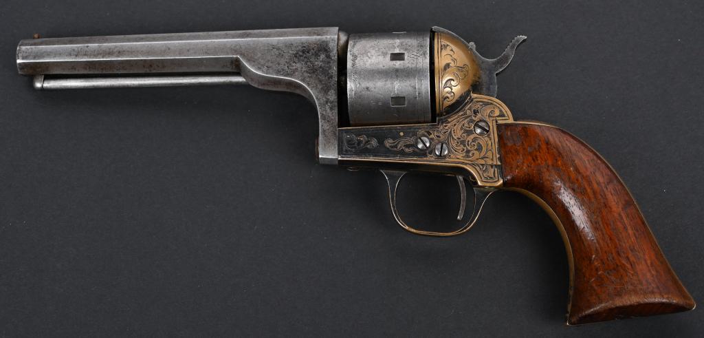 MOORE'S PATENT FIREARMS S.A. BELT REVOLVER: SERIAL NUMBER 5925 BARREL 5" CALIBER .32 RIMFIRE MANUAFCTURED 1861-1863. Single action 7 shot revolver with swing out barrel assembly and removable ejector rod under barrel. Marked on barrel " MADE FO