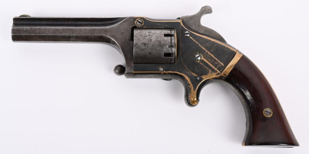 CONNECTICUT ARMS CO POCKET REVOLVER: SERIAL NUMBER 812 BARREL 3" CALIBER .28 CUP PRIMED CARTRIDGE MANUFACTURED CIRCA 1860. Manufactured in an attempt to circumvent the Rollin White patent using a front loading cylinder with manual lever 