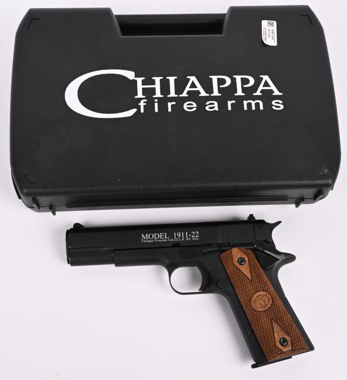 BOXED CHIAPPA MODEL 1911-22 SEMI AUTO .22 PISTOL: SERIAL NUMBER CFIT20F05601 BARREL: 5" CALIBER .22 Standard version of the Model 1911 pistol in .22 made by Chiappa in Italy. Import marked. Comes in original factory box with one additional magazine, 