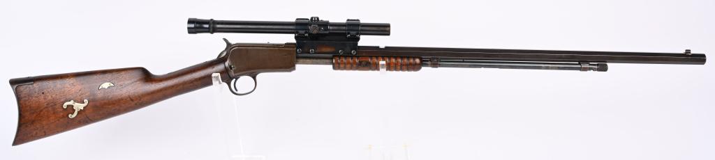 WINCHESTER MODEL 1890 SLIDE ACTION .22 RIFLE: SERIAL NUMBER 235990. BARREL 24". CALIBER .22 LONG. MADE IN 1905. Standard features include full octagon barrel, 2/3 mag, take down, blue finish, walnut stock with rifle butt plate and grooved fore-ar
