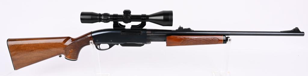REMINGTON MODEL 760 PUMP ACTION RIFLE: SERIAL NUMBER A7272377. BARREL 22" CALIBER 30-06. Features press checkered pistol grip high gloss walnut stock, Remington butt plate, magazine fed (included) blue finish, rifle sights, sports a BSA sc