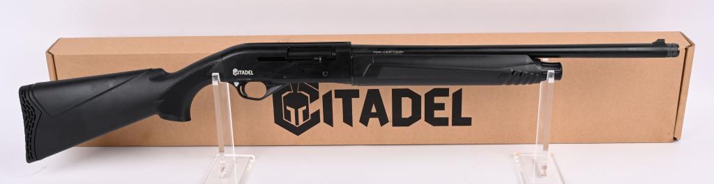BOXED CITADEL SEMI AUTO SHOTGUN: SERIAL NUMBER KR30369. BARREL 20". GAUGE 12. CHAMBER 3". CHOKE-TUBES. LOP 14" Features matte finish, screw in choke tubes, pistol grip black nylon stock, rifle type front sight. Condition. Near new in