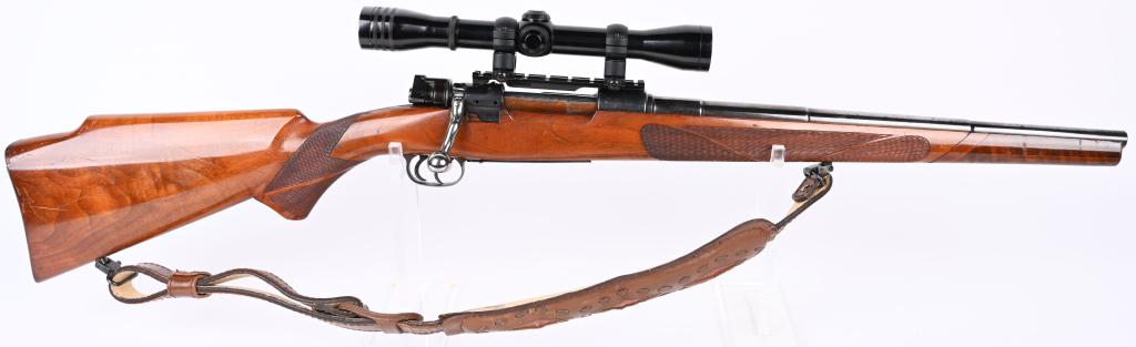 CUSTOM MANNLICHER BOLT ACTION RIFLE: SERIAL NUMBER 4745. BARREL 17". CALIBER 8MM. Nazi marked Mauser Model 98 frame, original barrel cut, both reblued. Custom deluxe hand checkered full length stock with swept pistol grip, roll over chee