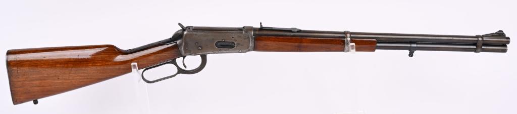 PRE 64 WINCHESTER MODEL 94 CARBINE: SERIAL NUMBER 1214739. BARREL 20". CALIBER 30-30. MADE IN 1942. Standard war era carbine with full round barrel, full magazine, two bands, walnut stock with no flutes and steel butt plate, long fore-a