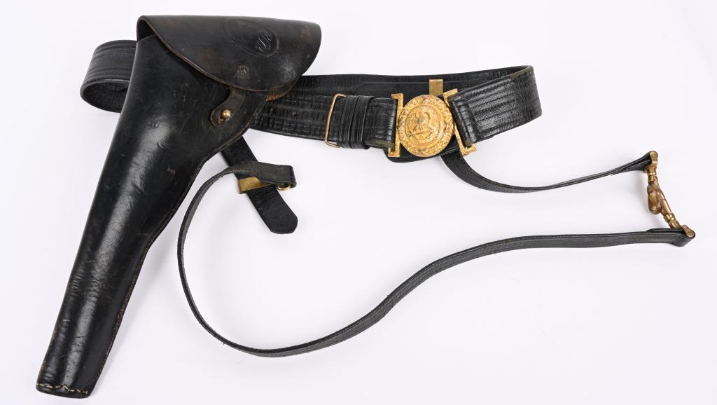 CIVIL WAR NAVY OFFICERS BUCKLE, BELT & HOLSTER: Buckle , belt and sword hanger are Navy. The US flap holster is for the large Colt 1860 Army or 1858 Remington. Excellent condition.
